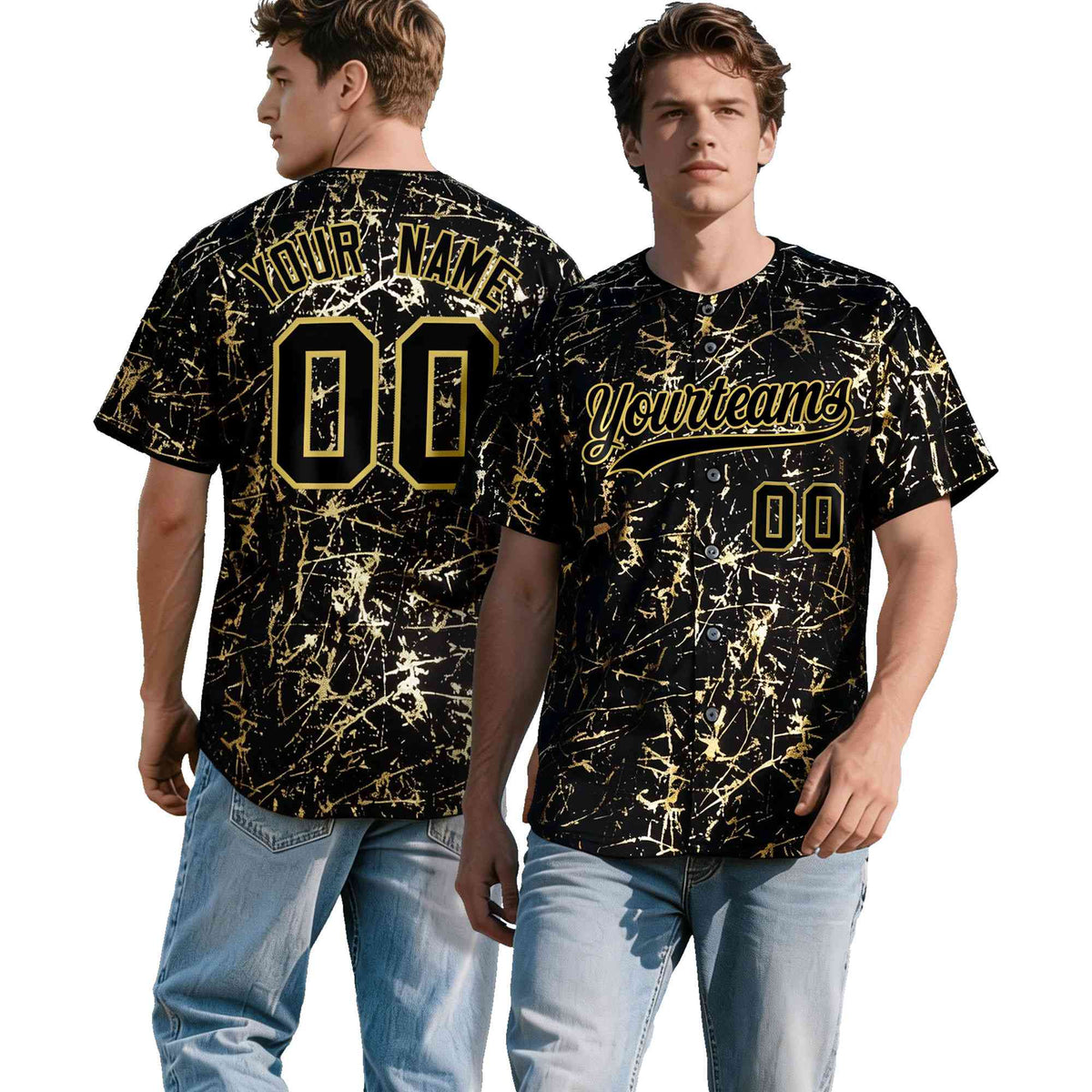 Custom Black Old Gold Black&amp;Shiny Gold Cracked Foil Hip Hop Button Down Baseball Jersey