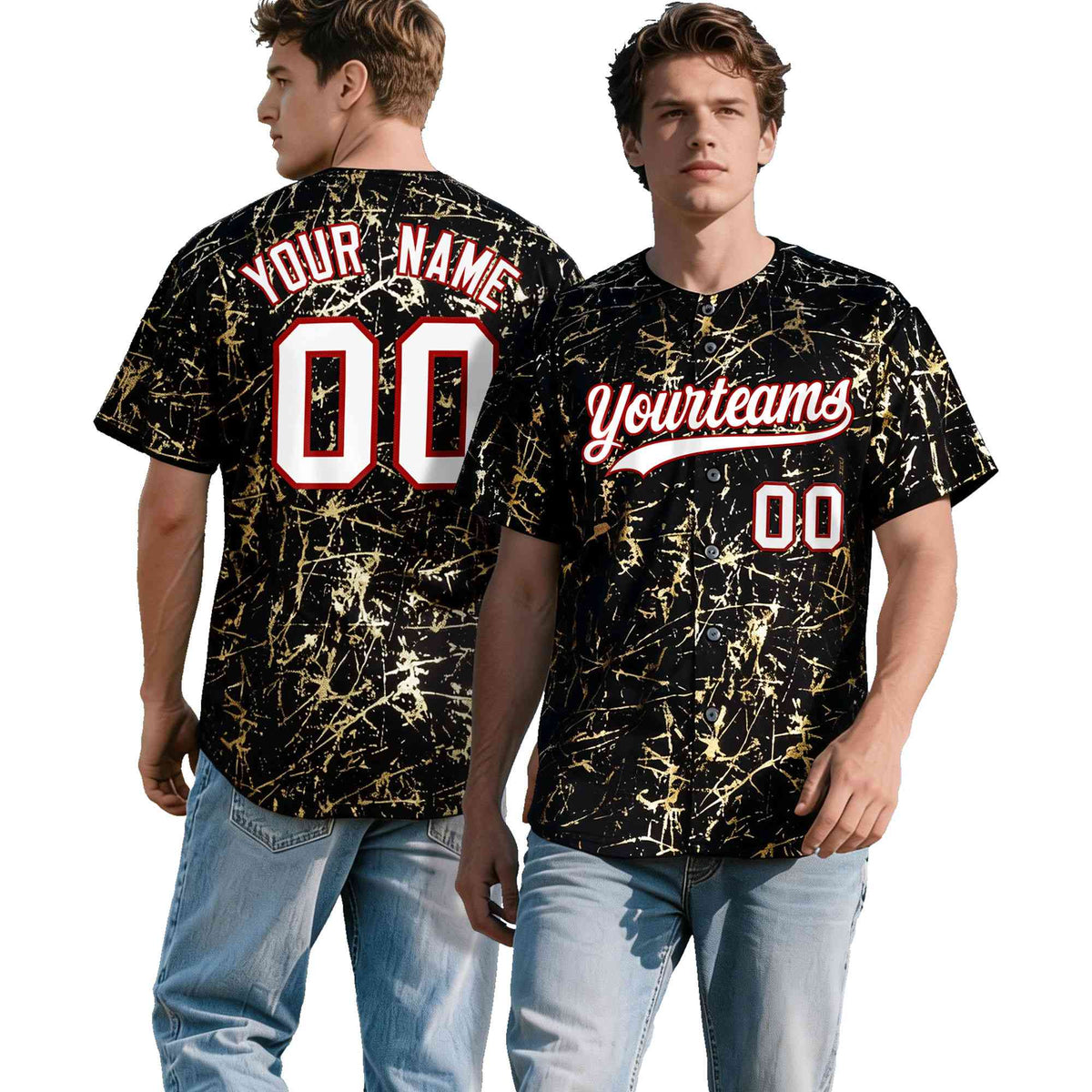 Custom Black White Black&amp;Gold Marble Print Clubwear Party Streetwear Baseball Jersey