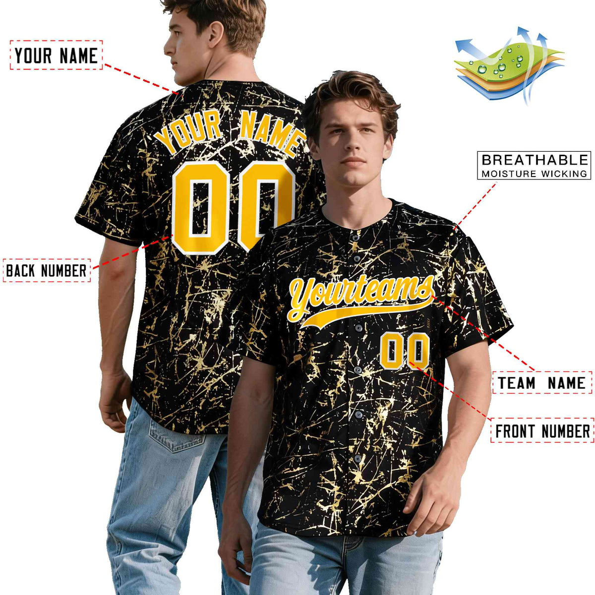 Custom Black Yellow Shiny Gold Cracked Texture Baseball Jersey