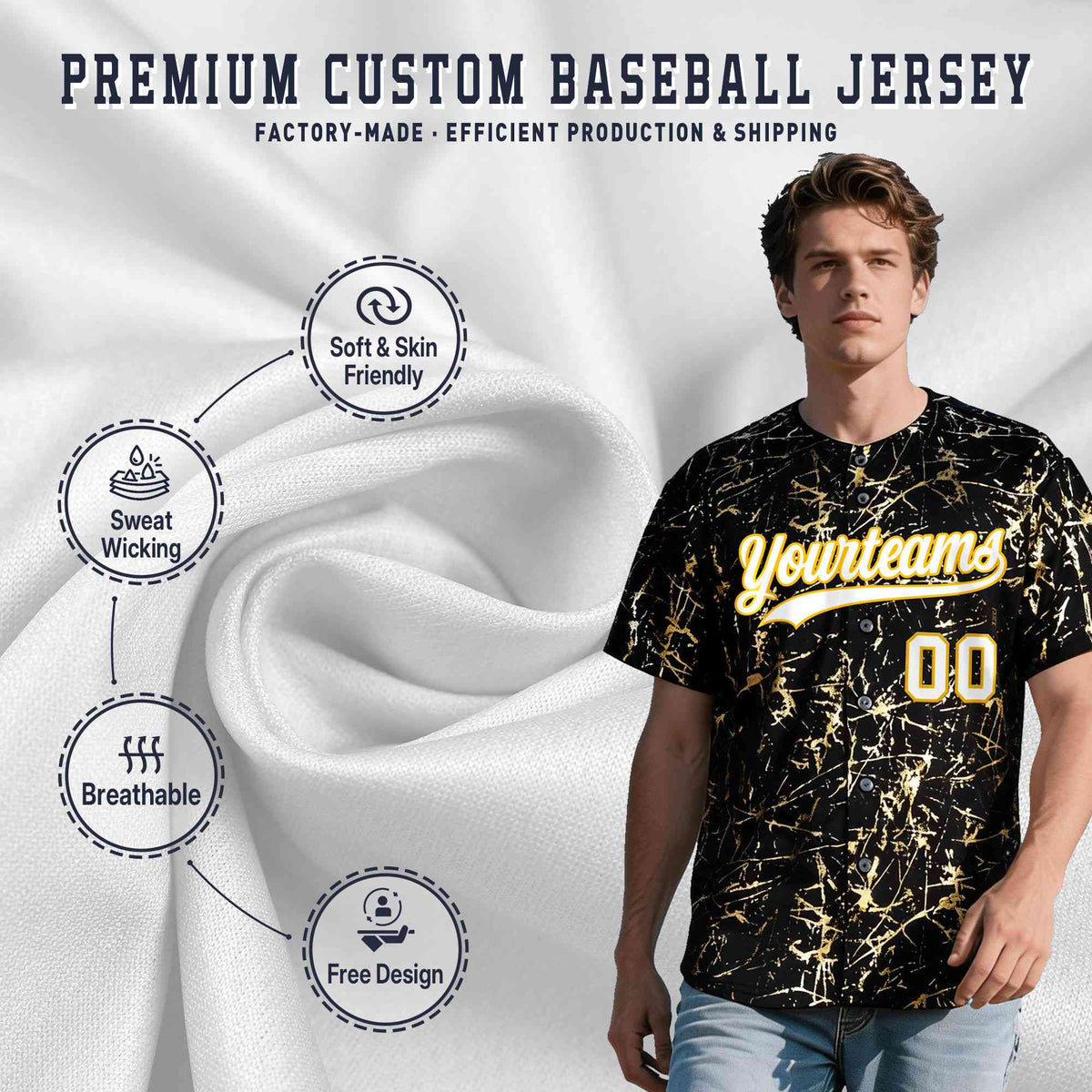 Custom Black White Black&amp;Shiny Gold Cracked Foil Hip Hop Button Down Baseball Jersey