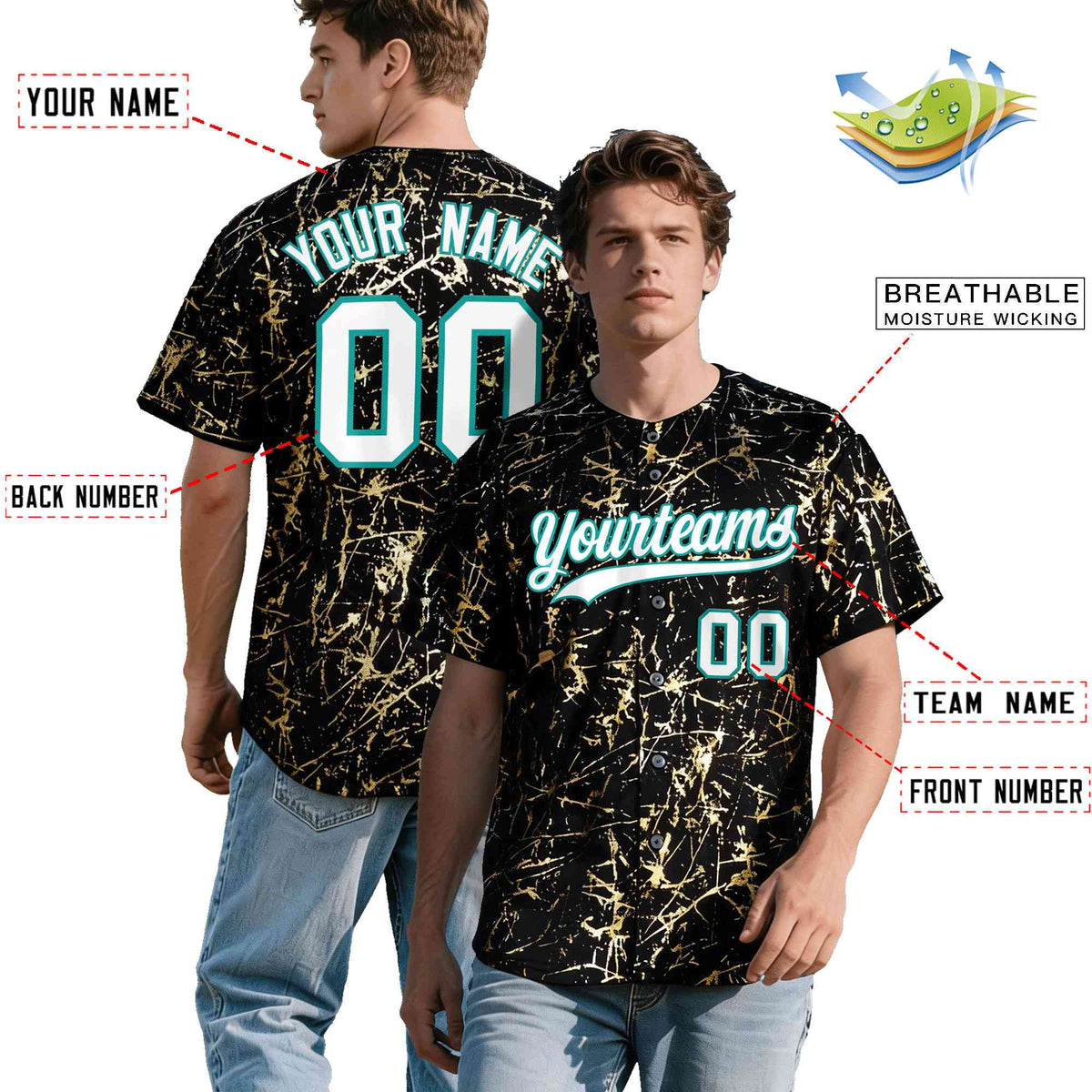 Custom Black White Black&amp;Shiny Gold Cracked Foil Breathable Mesh Streetwear Baseball Jersey