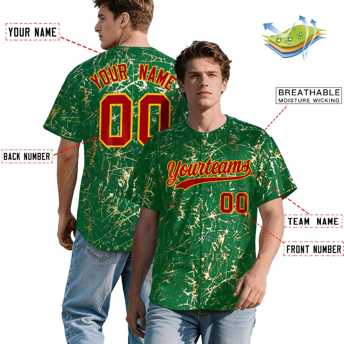 Custom Kelly Green Red Metallic Gold Splatter Breathable&amp;Wrinkle-Resistant Baseball Jersey
