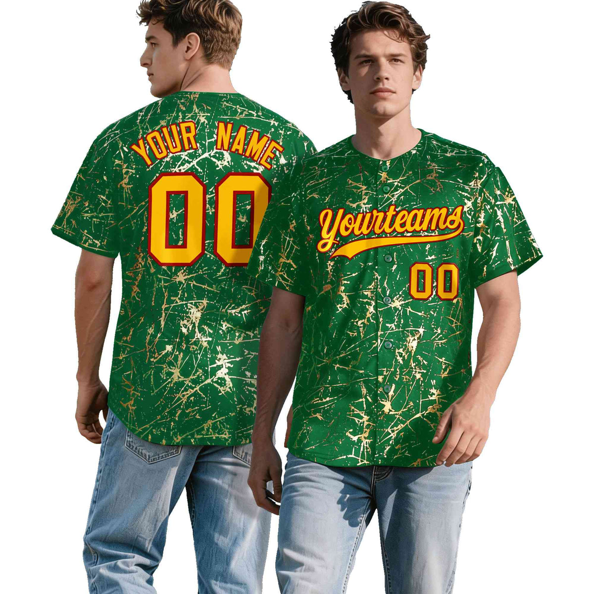 Custom Kelly Green Yellow Black&amp;Gold Marble Print Clubwear Party Streetwear Baseball Jersey