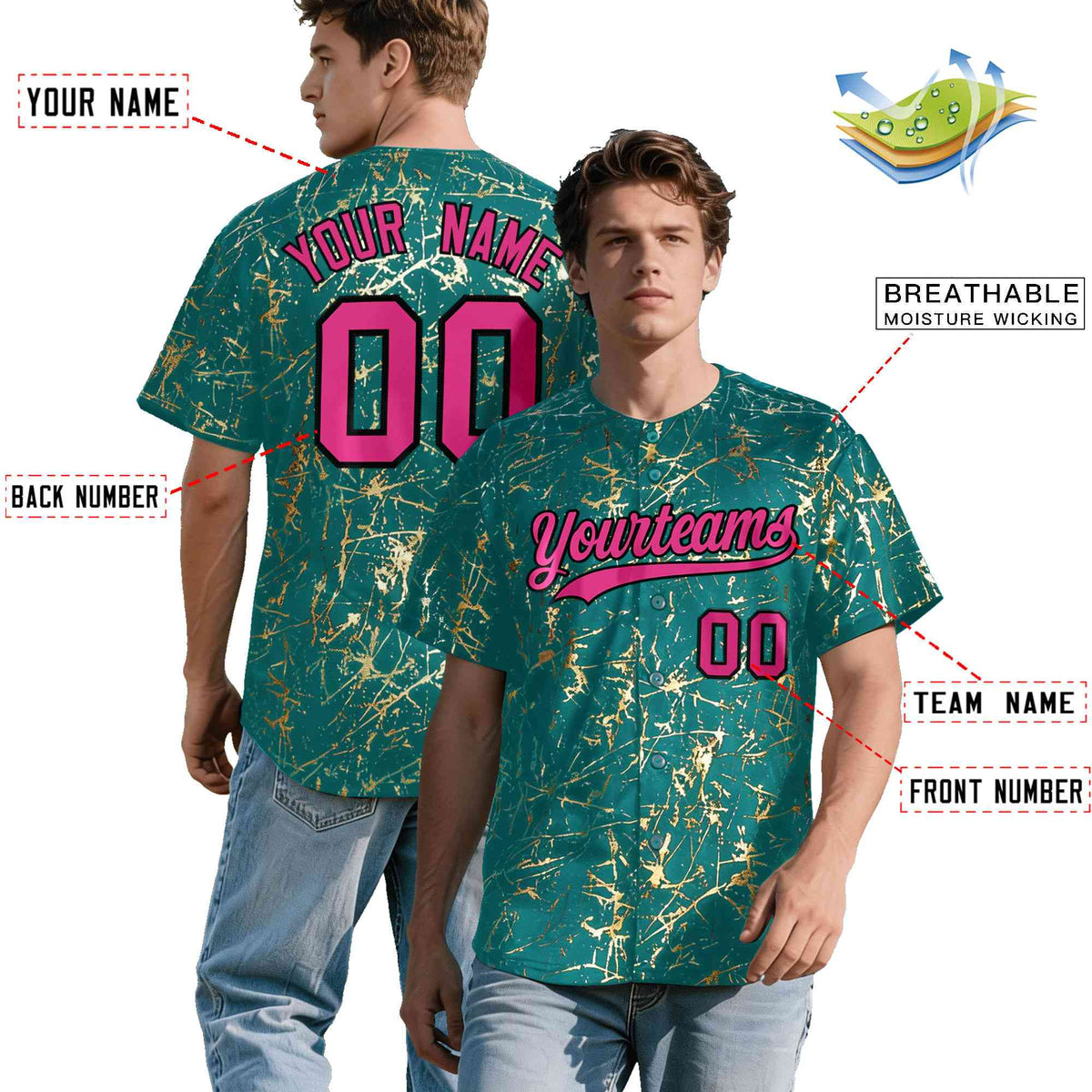 Custom Teal Rose Red Black&amp;Gold Marble Print Clubwear Party Streetwear Baseball Jersey