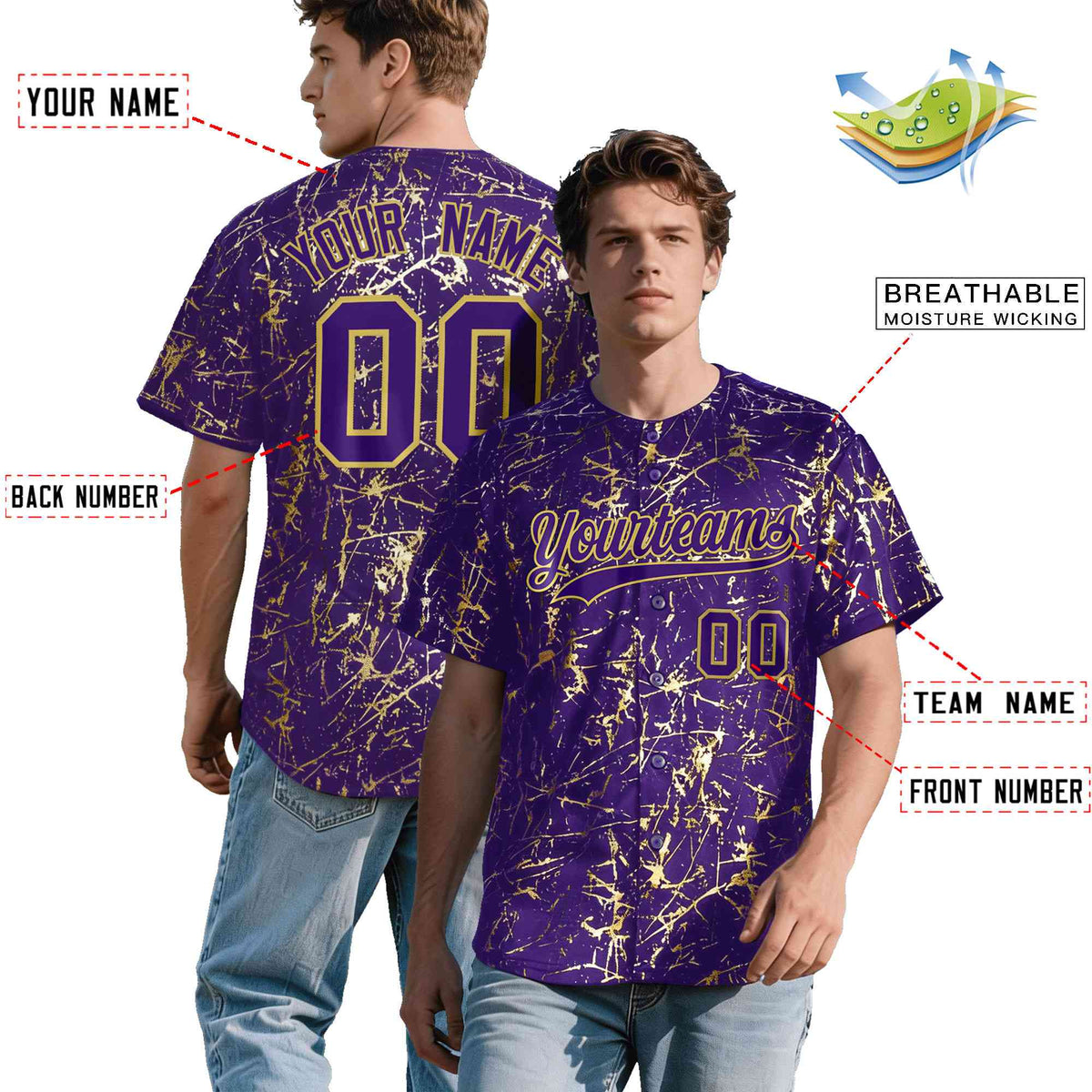 Custom Purple Old Gold Shiny Gold Cracked Texture Baseball Jersey