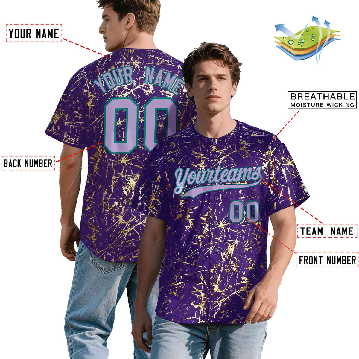 Custom Purple Light Purple Metallic Gold Splatter Breathable&amp;Wrinkle-Resistant Baseball Jersey