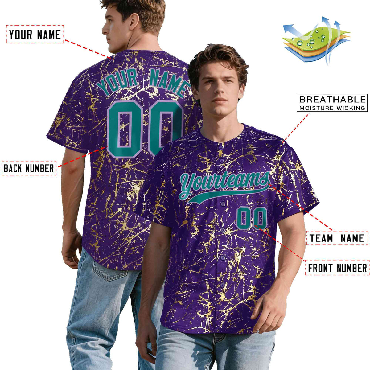Custom Purple Teal Black&amp;Gold Marble Print Clubwear Party Streetwear Baseball Jersey