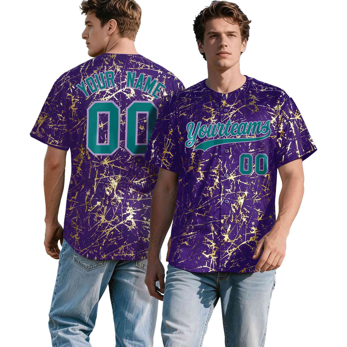Custom Purple Teal Black&amp;Gold Marble Print Clubwear Party Streetwear Baseball Jersey