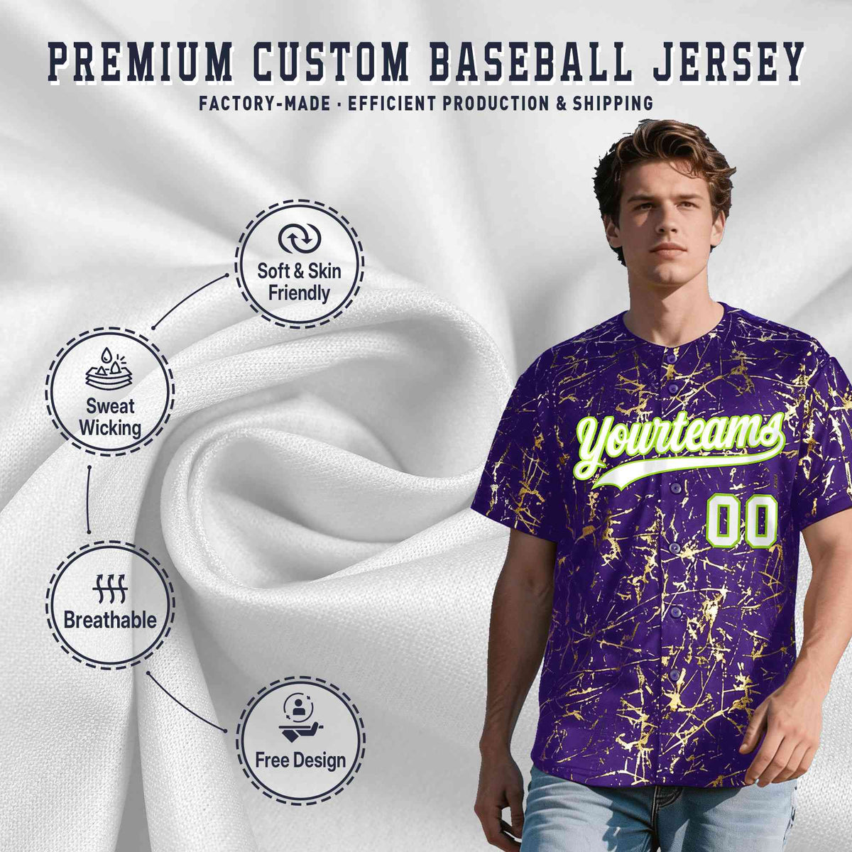 Custom Purple White Black&amp;Shiny Gold Cracked Foil Breathable Mesh Streetwear Baseball Jersey