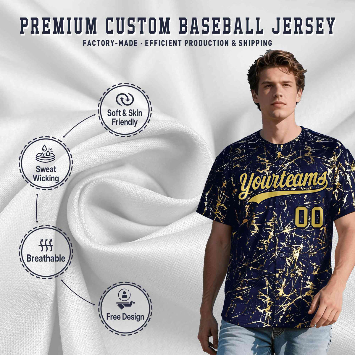 Custom Navy Old Gold Black&amp;Shiny Gold Cracked Foil Hip Hop Button Down Baseball Jersey