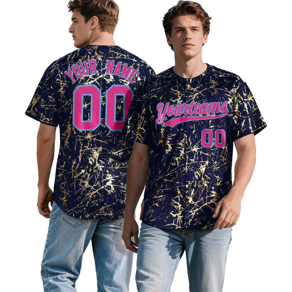 Custom Navy Rose Red Metallic Gold Splatter Breathable&amp;Wrinkle-Resistant Baseball Jersey