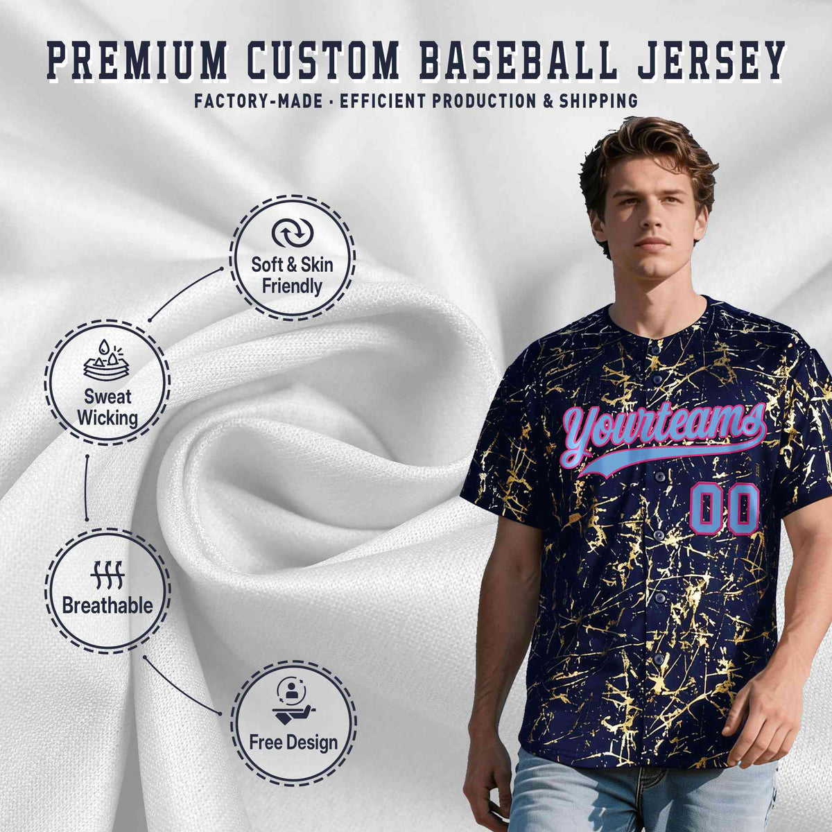 Custom Navy Powder Blue Black&amp;Gold Marble Print Clubwear Party Streetwear Baseball Jersey