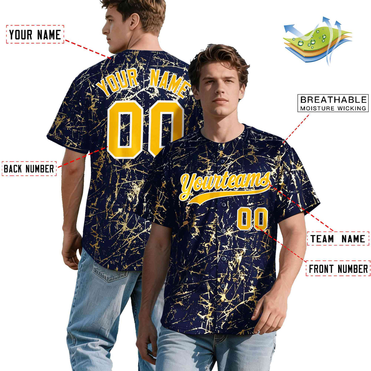Custom Navy Yellow Metallic Gold Splatter Urban Streetwear Baseball Jersey
