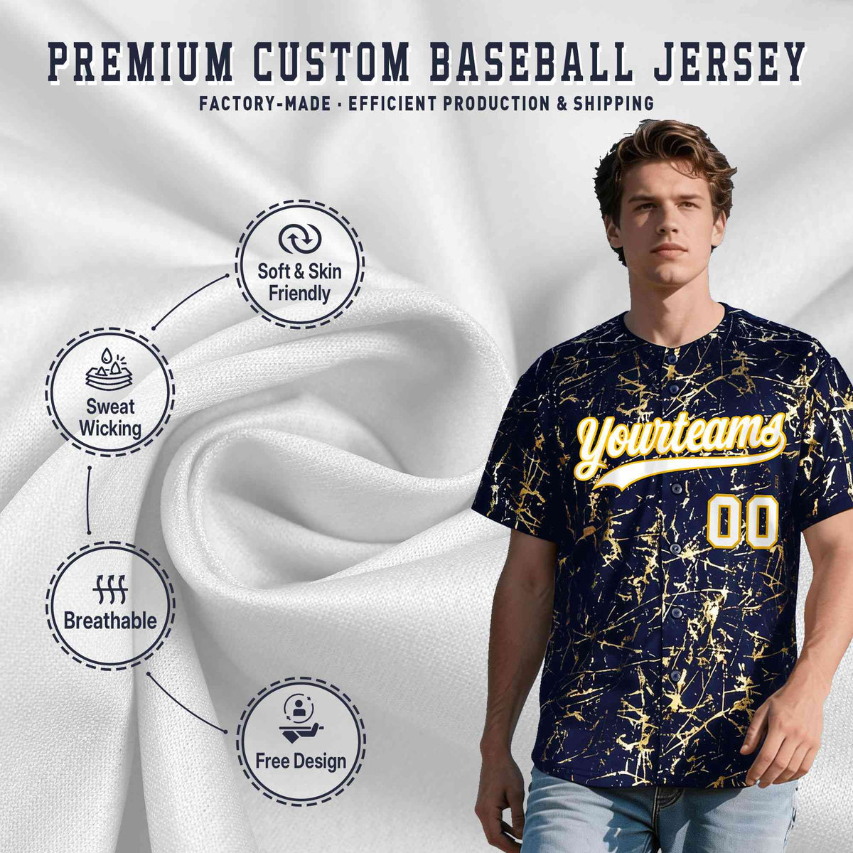 Custom Navy White Black&amp;Shiny Gold Cracked Foil Breathable Mesh Streetwear Baseball Jersey
