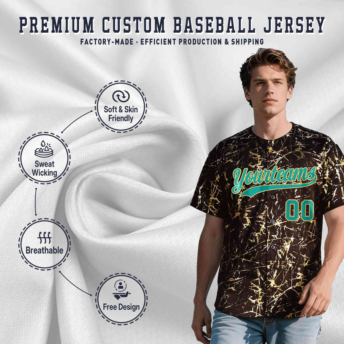 Custom Brown Aqua Metallic Gold Splatter Breathable&amp;Wrinkle-Resistant Baseball Jersey
