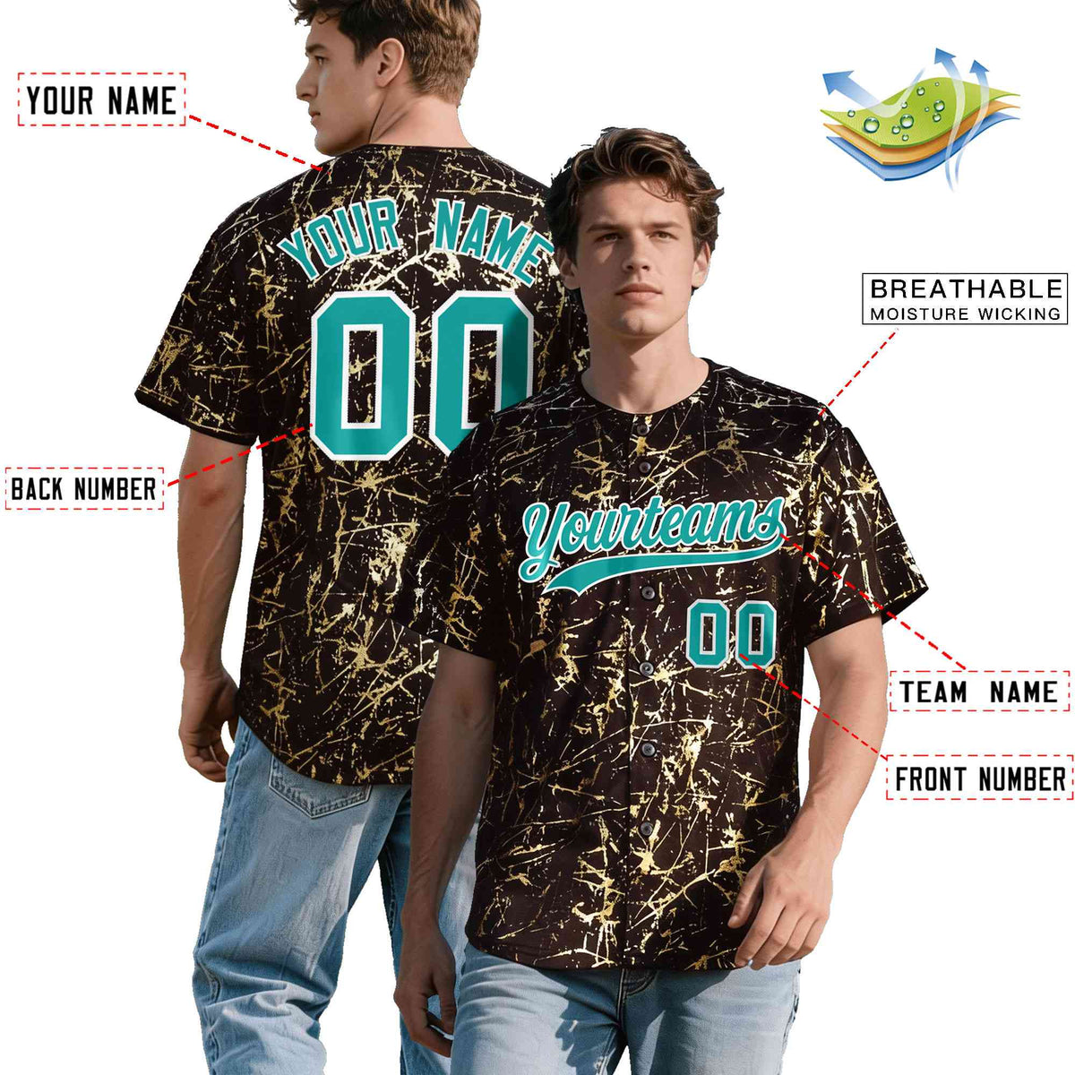 Custom Brown Aqua Metallic Gold Splatter Urban Streetwear Baseball Jersey