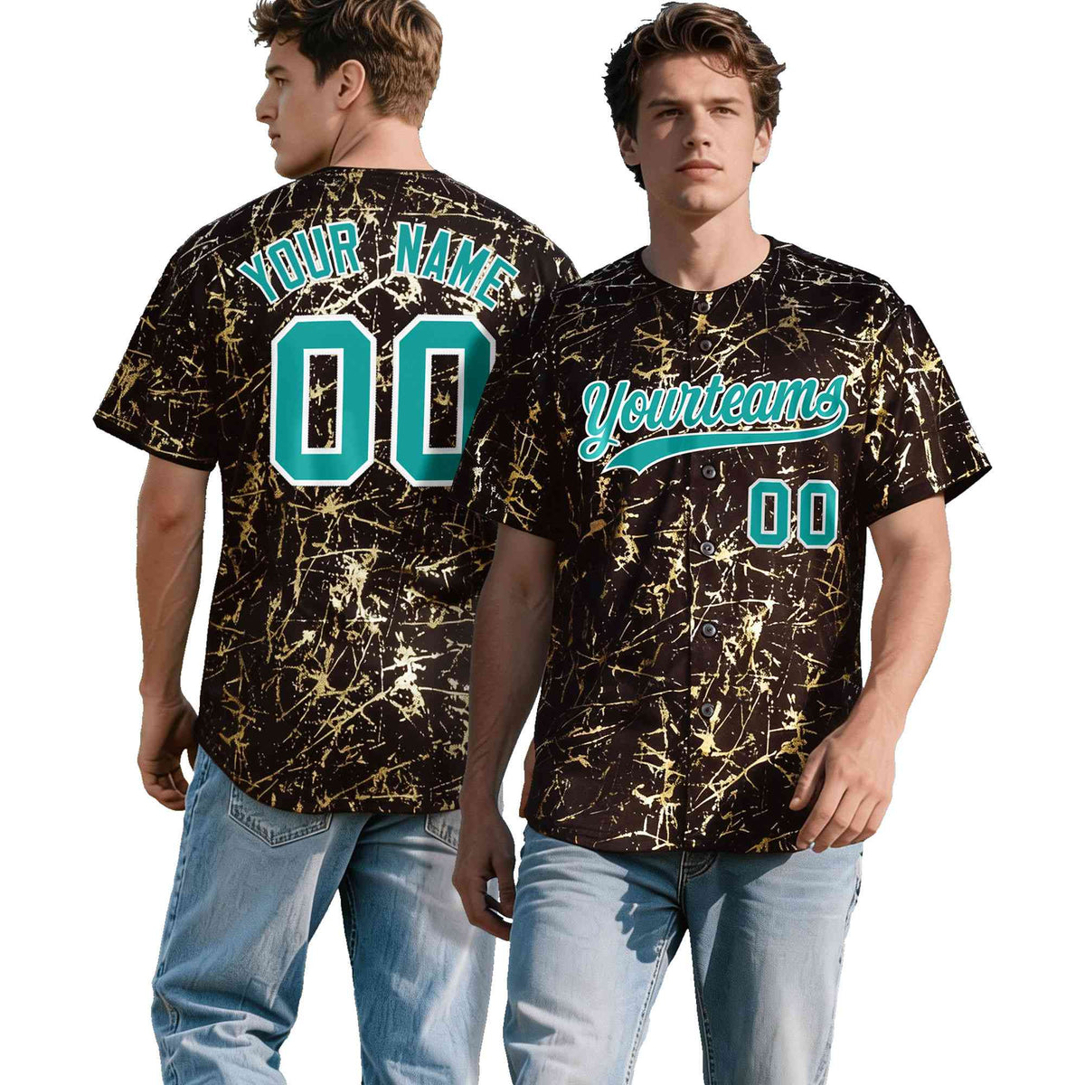 Custom Brown Aqua Metallic Gold Splatter Urban Streetwear Baseball Jersey