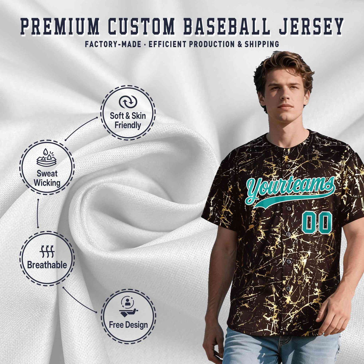 Custom Brown Aqua Metallic Gold Splatter Urban Streetwear Baseball Jersey