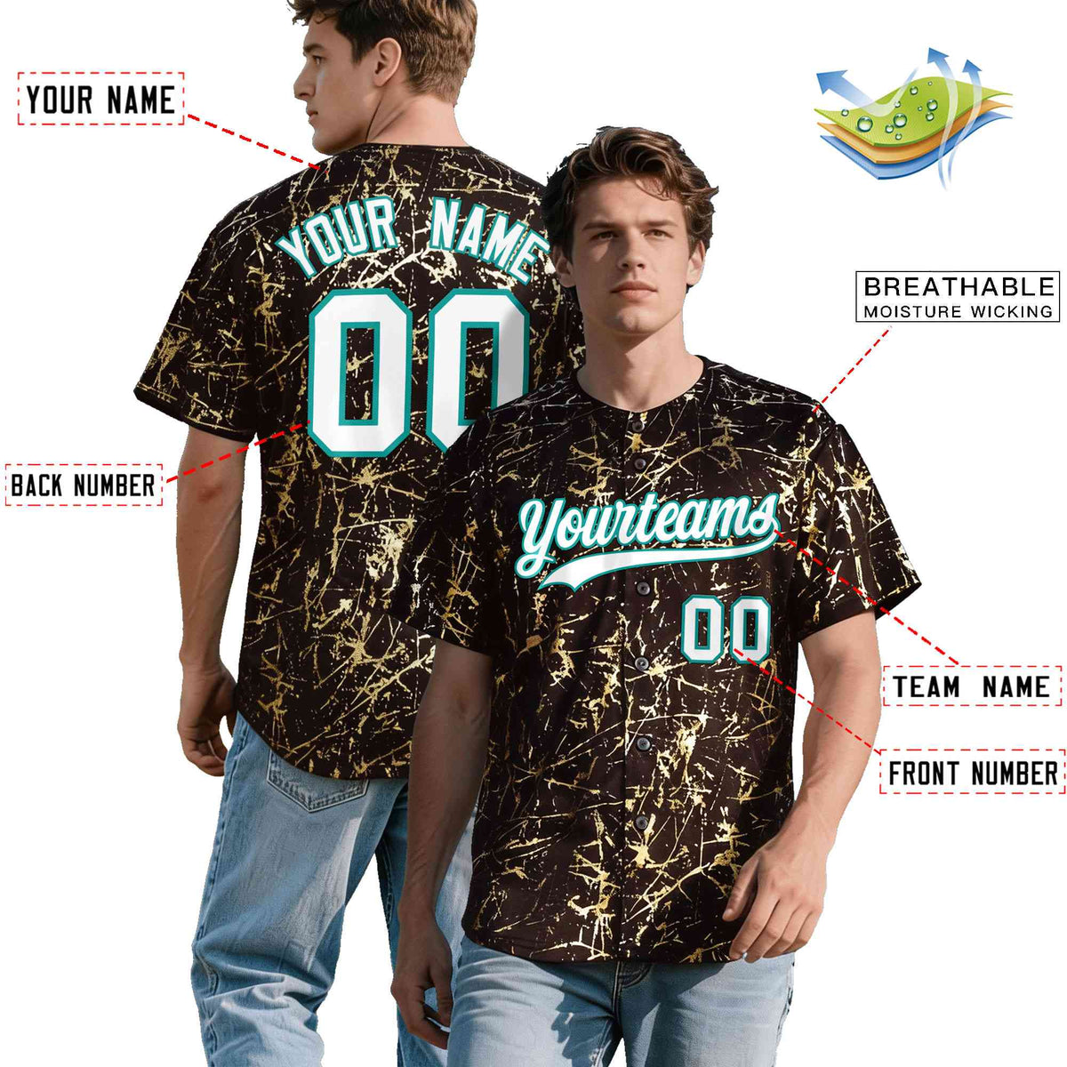 Custom Brown White Black&amp;Shiny Gold Cracked Foil Breathable Mesh Streetwear Baseball Jersey