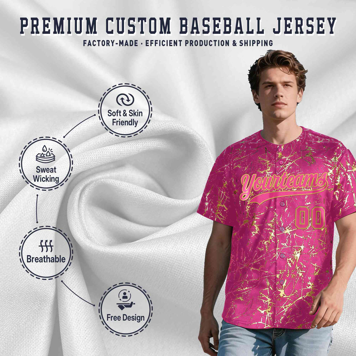 Custom Pink Old Gold Shiny Gold Cracked Texture Baseball Jersey