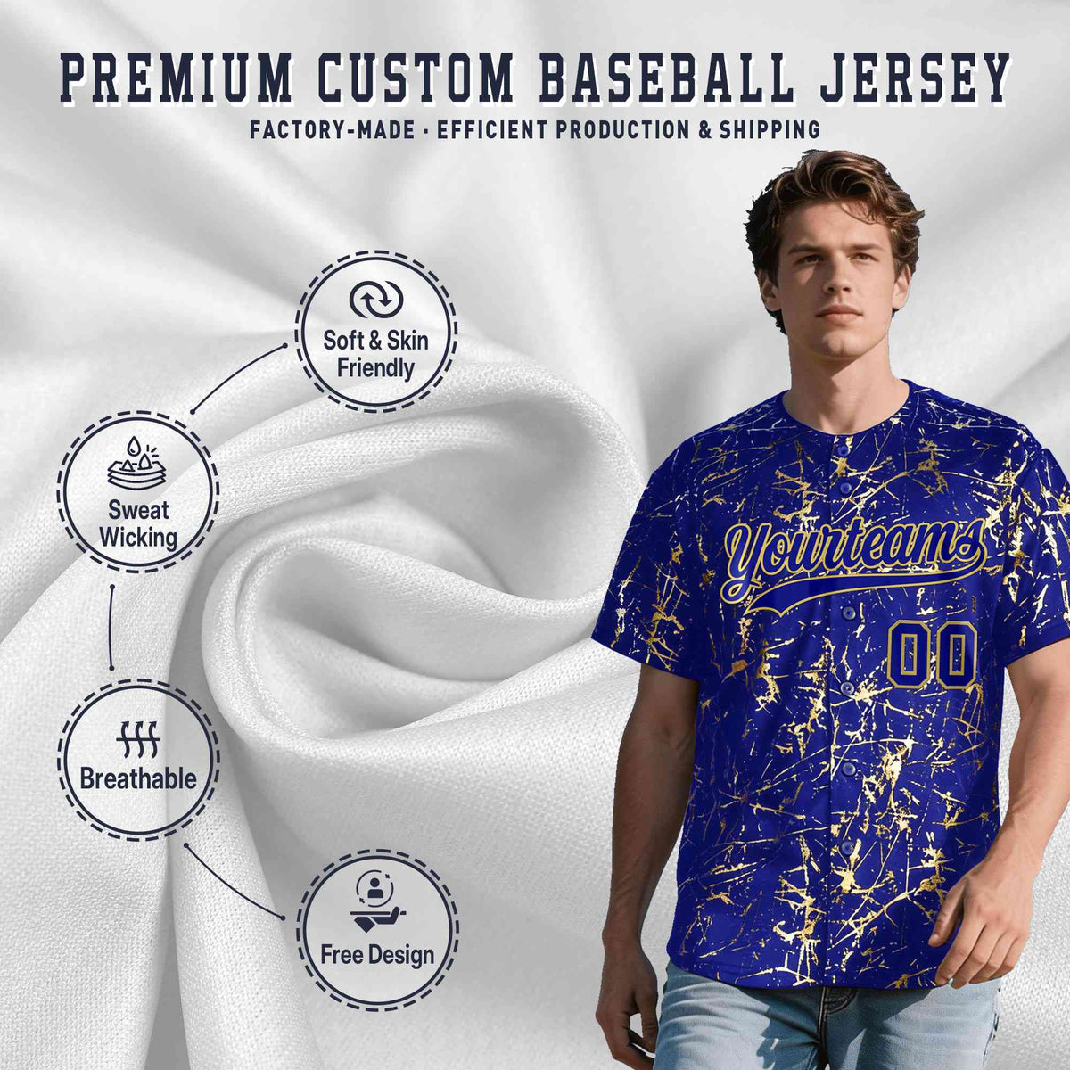 Custom Royal Old Gold Shiny Gold Cracked Texture Baseball Jersey