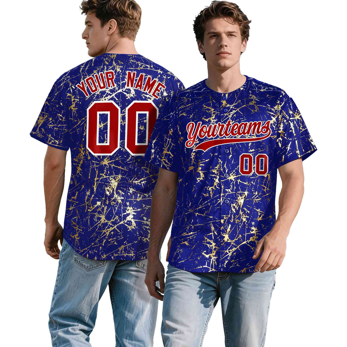 Custom Royal Red Metallic Gold Splatter Breathable&amp;Wrinkle-Resistant Baseball Jersey