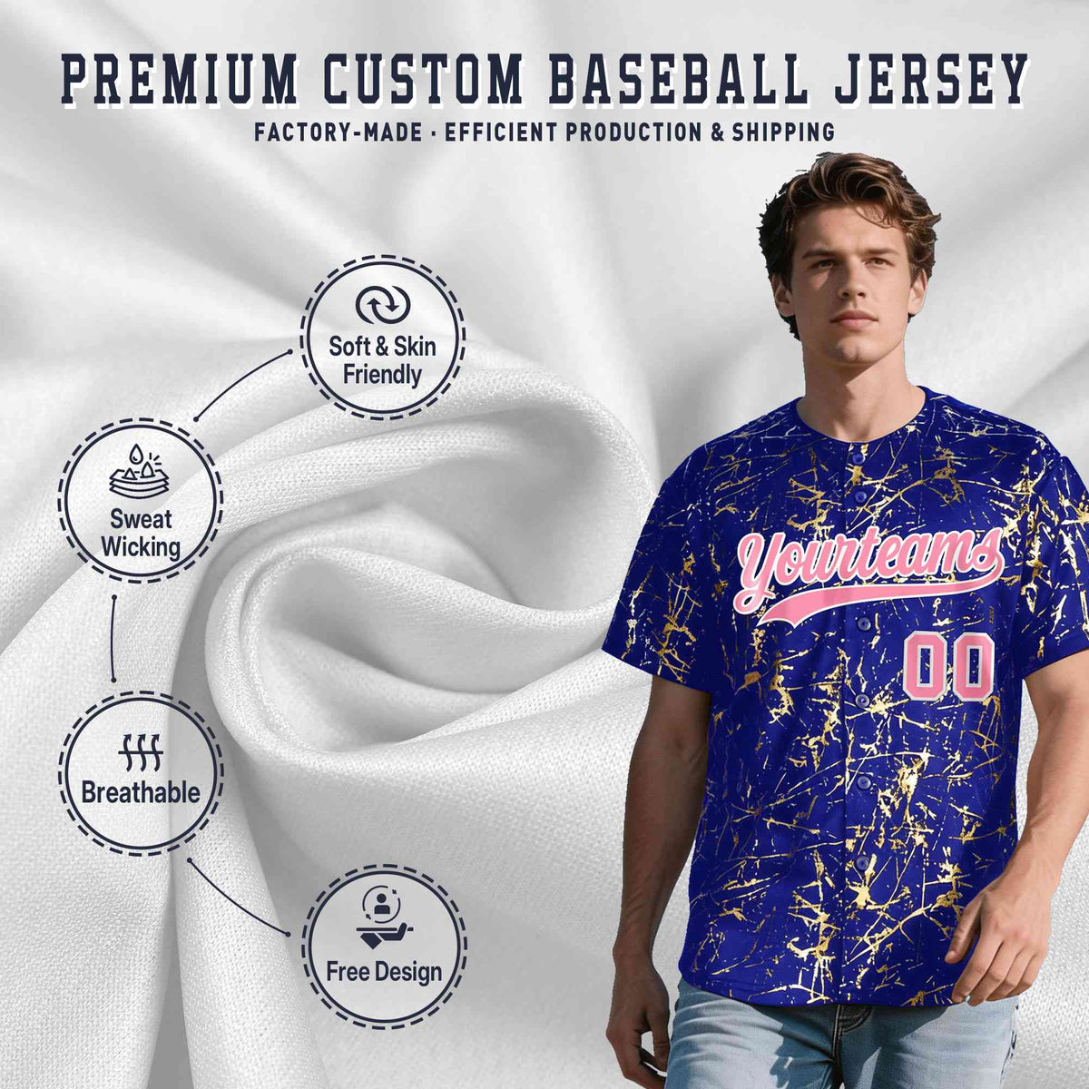 Custom Royal Light Pink Metallic Gold Splatter Urban Streetwear Baseball Jersey