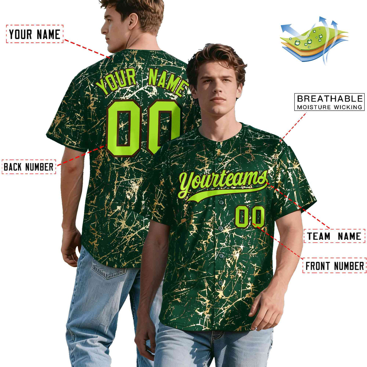 Custom Green Neon Green Black&amp;Gold Marble Print Clubwear Party Streetwear Baseball Jersey