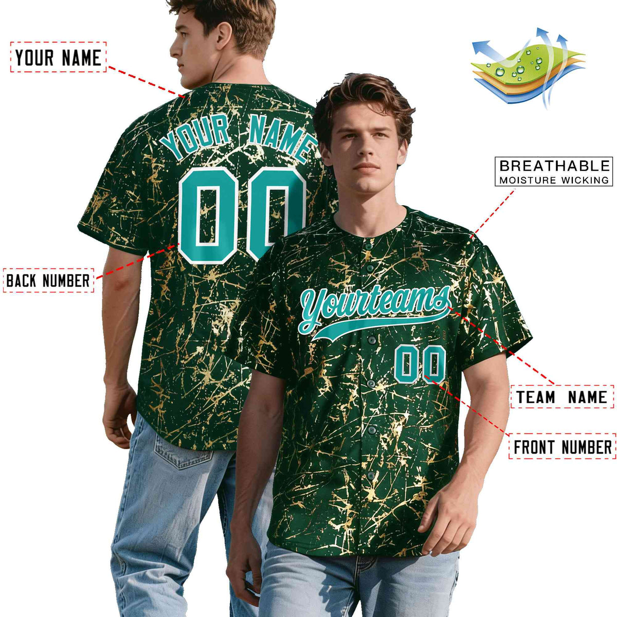 Custom Green Aqua Metallic Gold Splatter Urban Streetwear Baseball Jersey