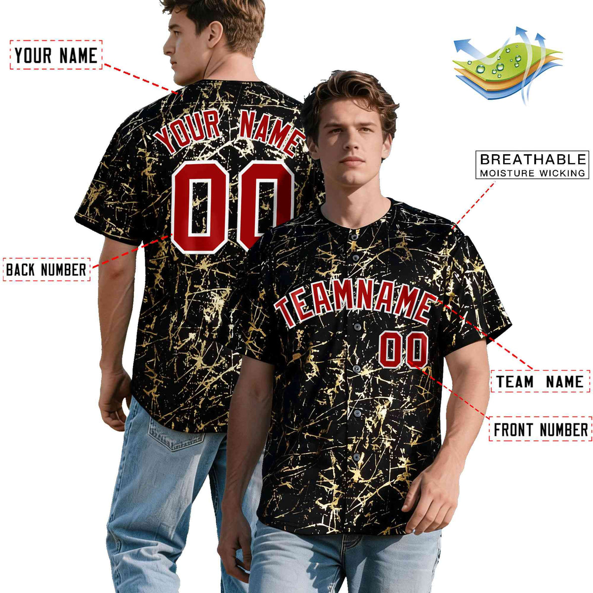 Custom Black Red Metallic Gold Splatter Breathable&amp;Wrinkle-Resistant Baseball Jersey