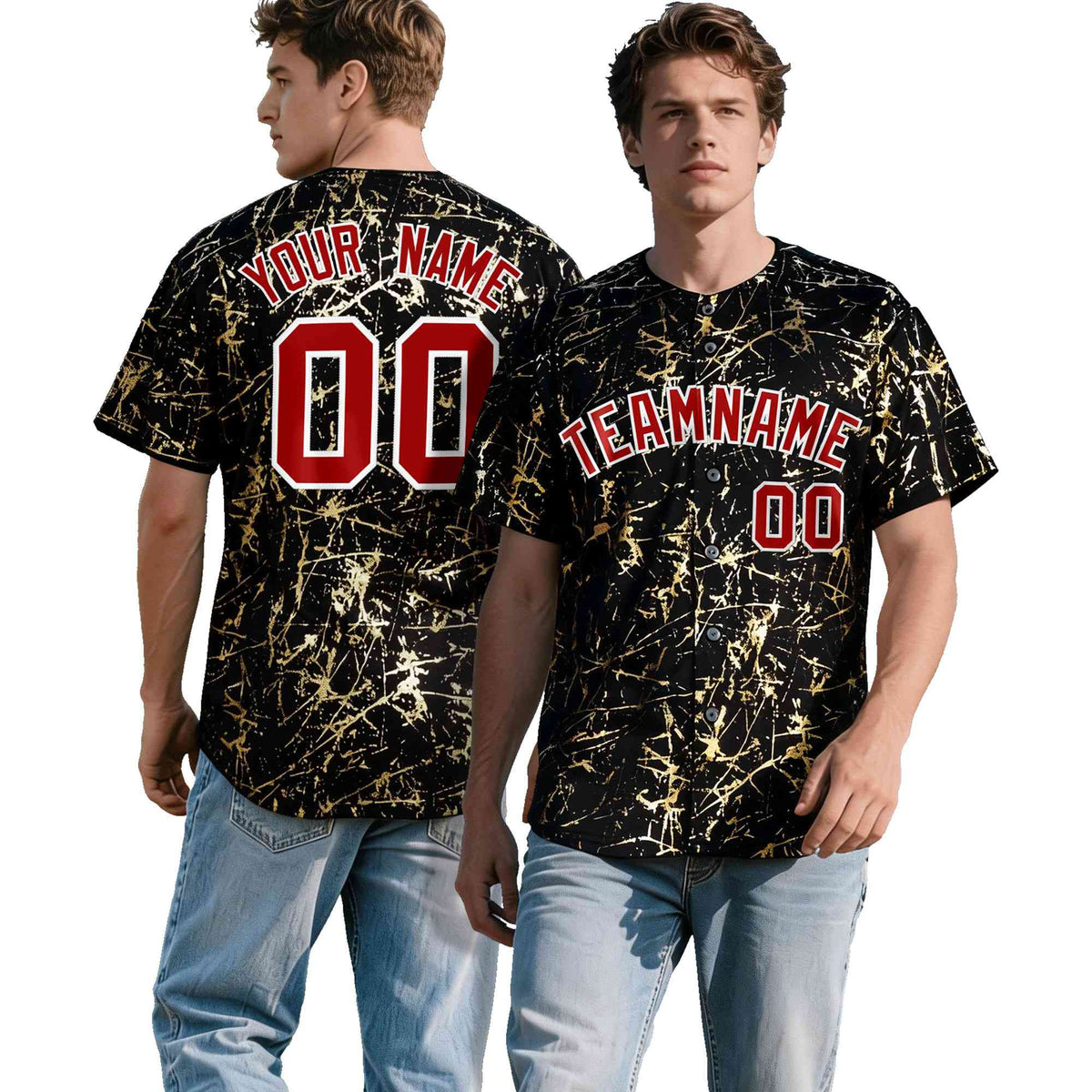 Custom Black Red Metallic Gold Splatter Breathable&amp;Wrinkle-Resistant Baseball Jersey