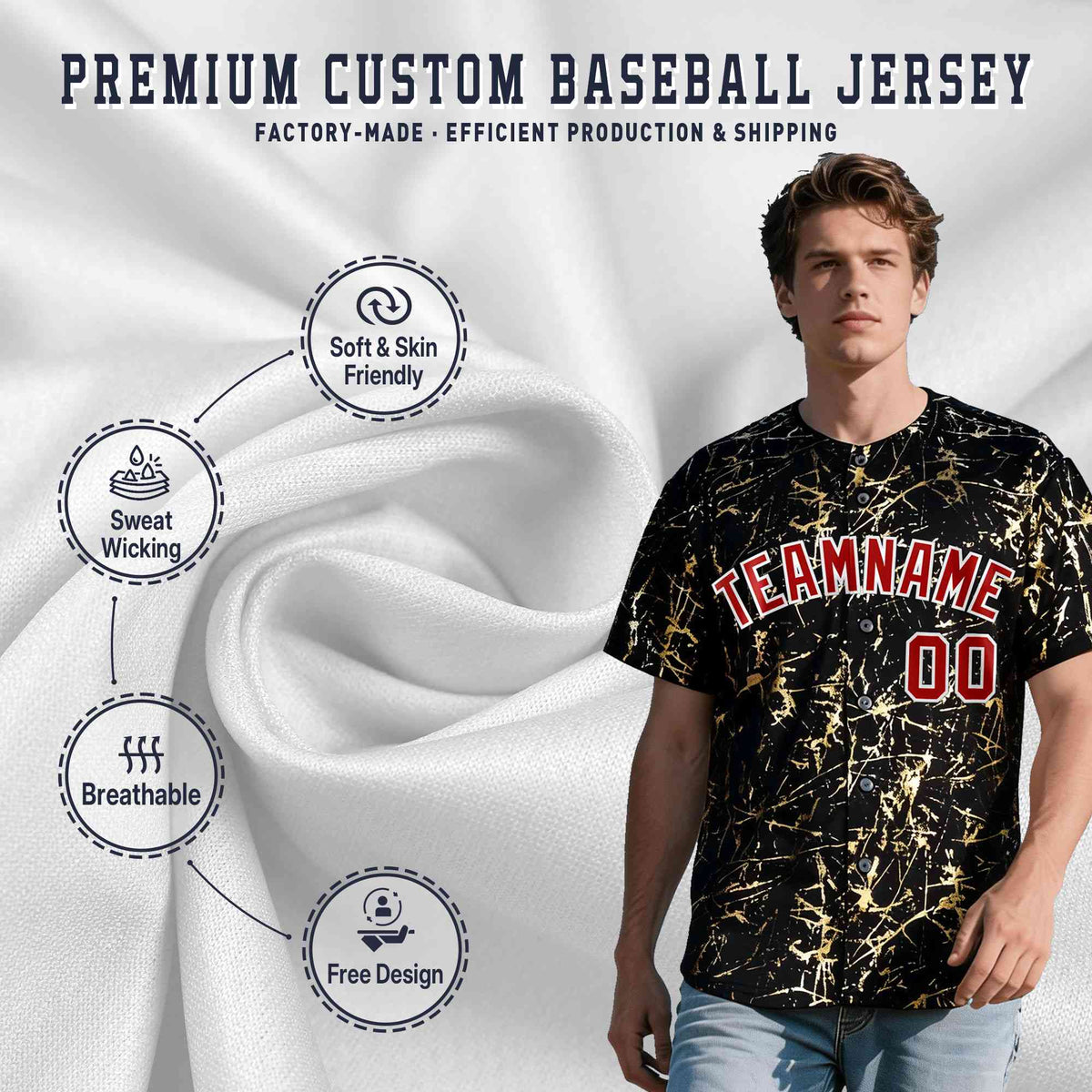 Custom Black Red Metallic Gold Splatter Breathable&amp;Wrinkle-Resistant Baseball Jersey