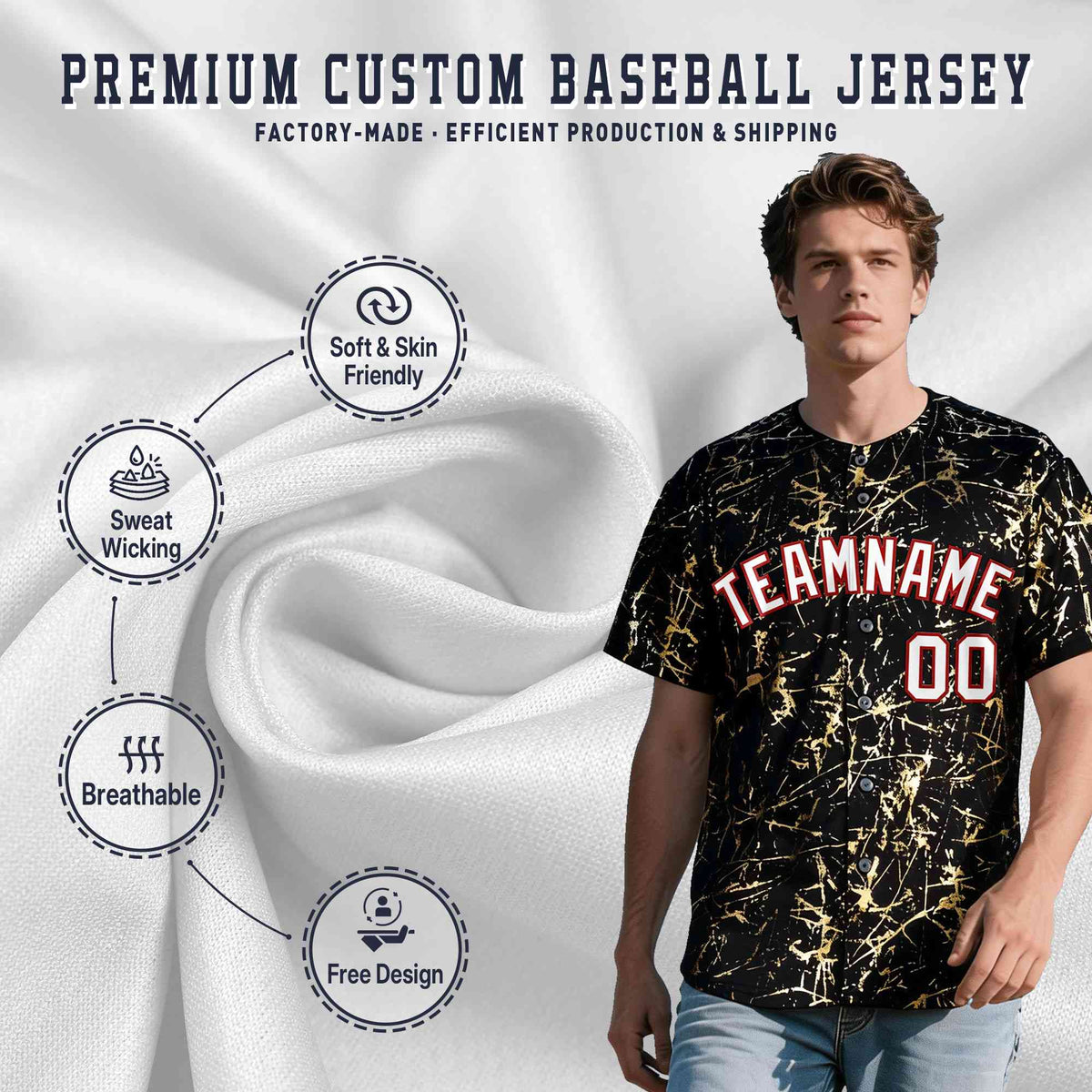 Custom Black White Black&amp;Gold Marble Print Clubwear Party Streetwear Baseball Jersey