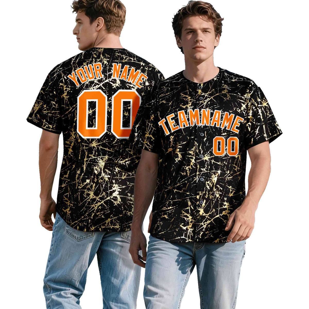 Custom Black Orange Metallic Gold Splatter Urban Streetwear Baseball Jersey
