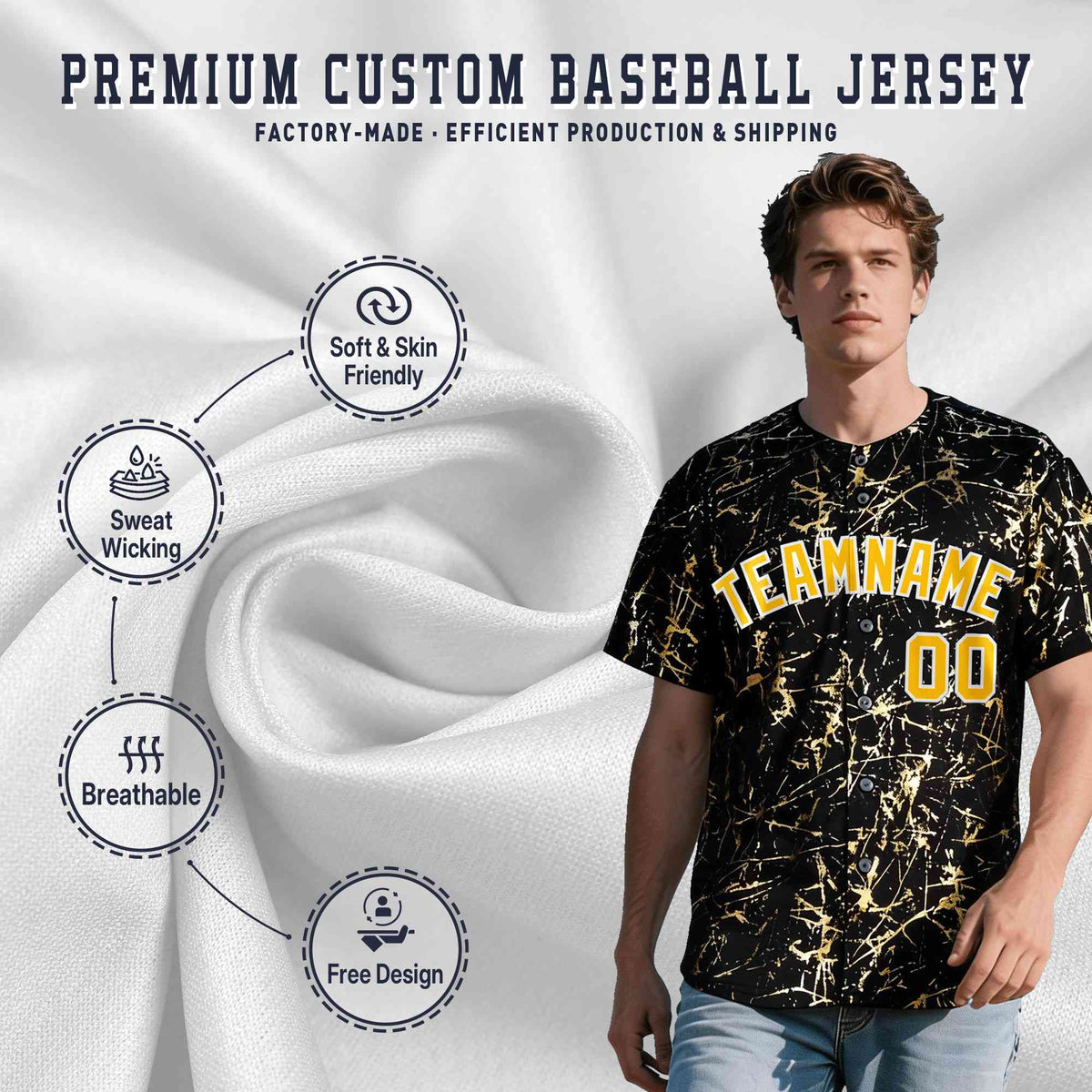 Custom Black Yellow Shiny Gold Cracked Texture Baseball Jersey