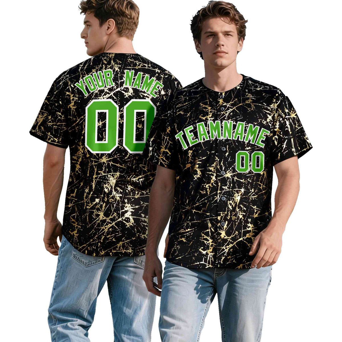 Custom Black Light Green Metallic Gold Splatter Breathable&amp;Wrinkle-Resistant Baseball Jersey