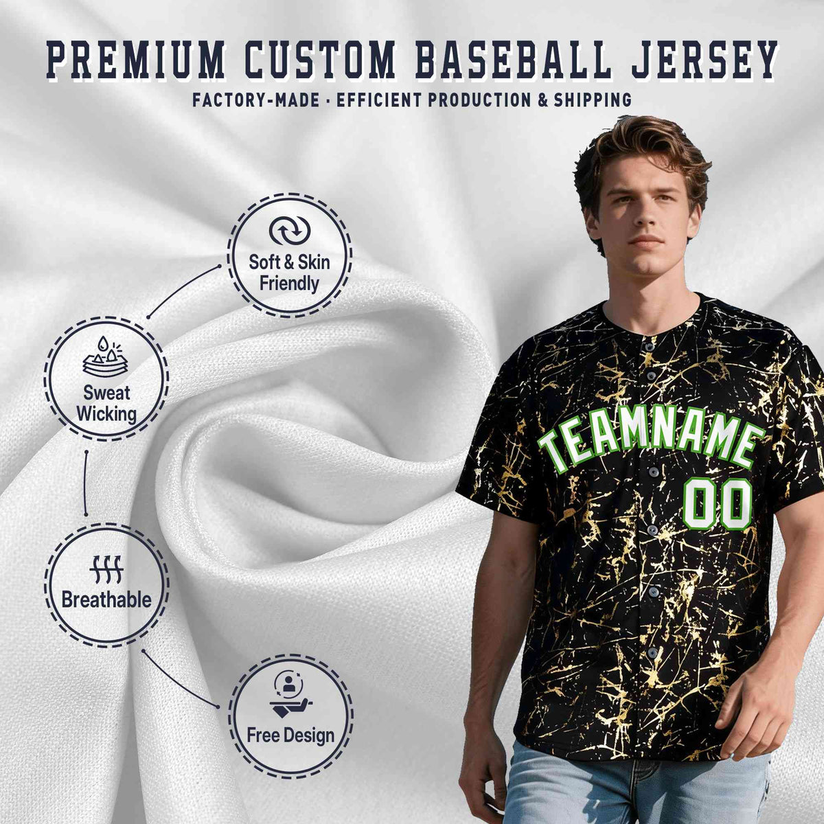 Custom Black White Black&amp;Gold Marble Print Clubwear Party Streetwear Baseball Jersey