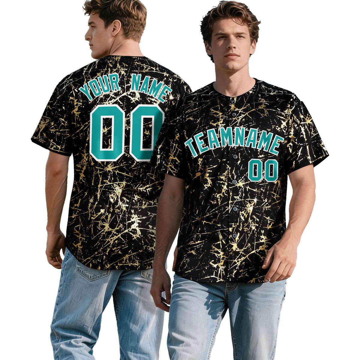 Custom Black Aqua Metallic Gold Splatter Urban Streetwear Baseball Jersey