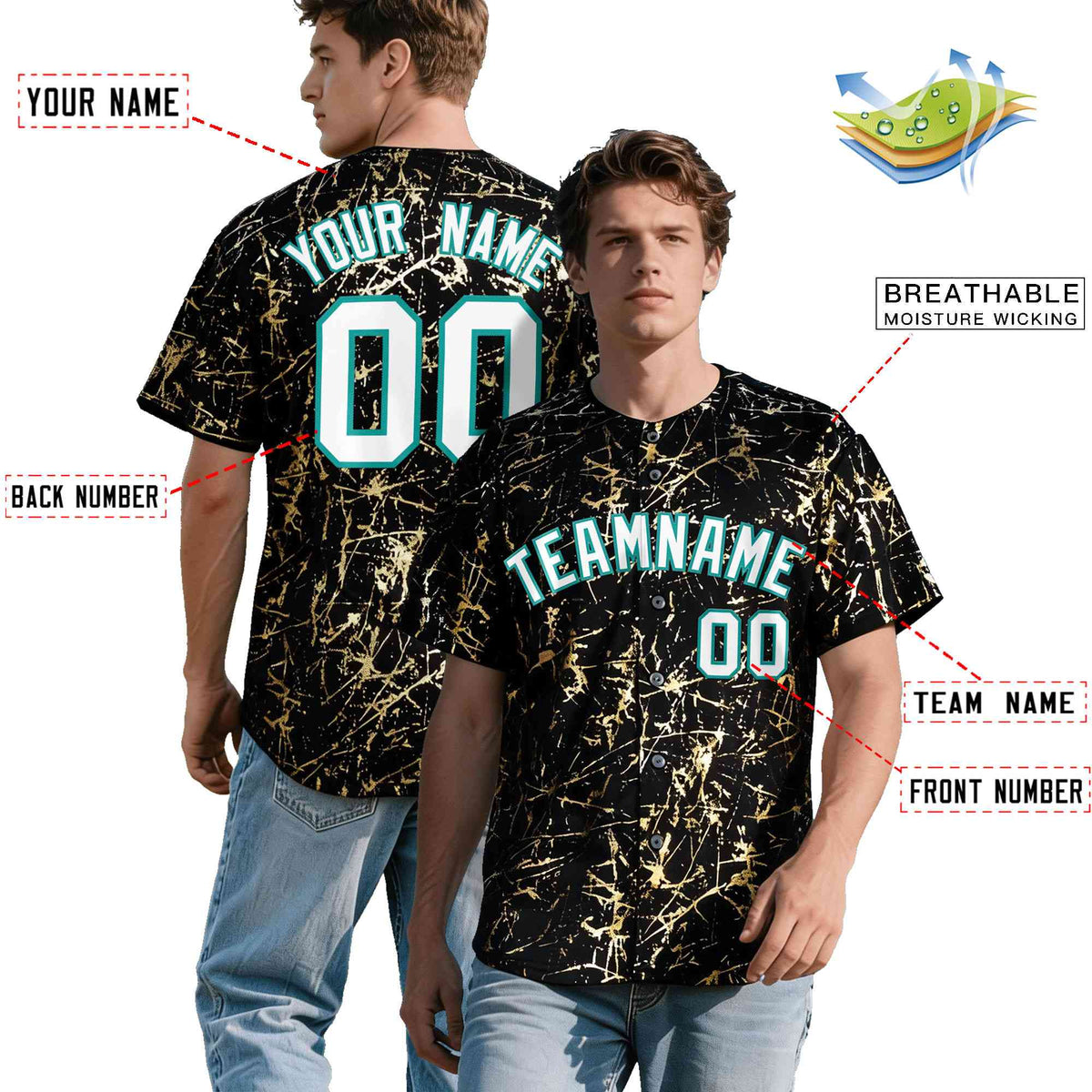 Custom Black White Black&amp;Shiny Gold Cracked Foil Breathable Mesh Streetwear Baseball Jersey