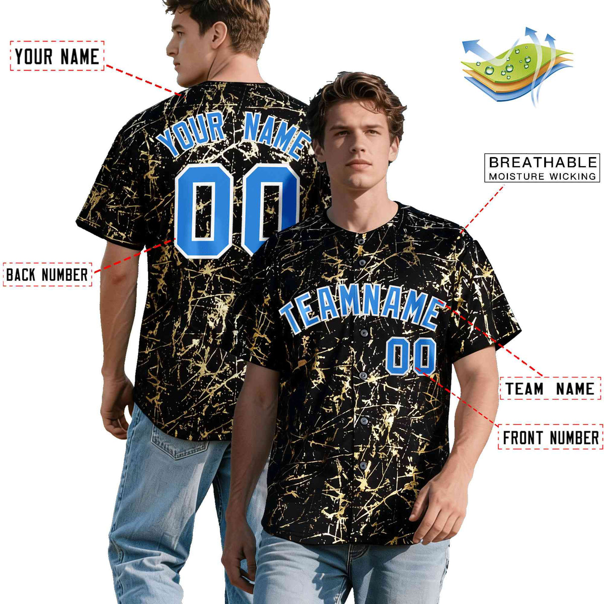 Custom Black Light Blue Shiny Gold Cracked Texture Baseball Jersey