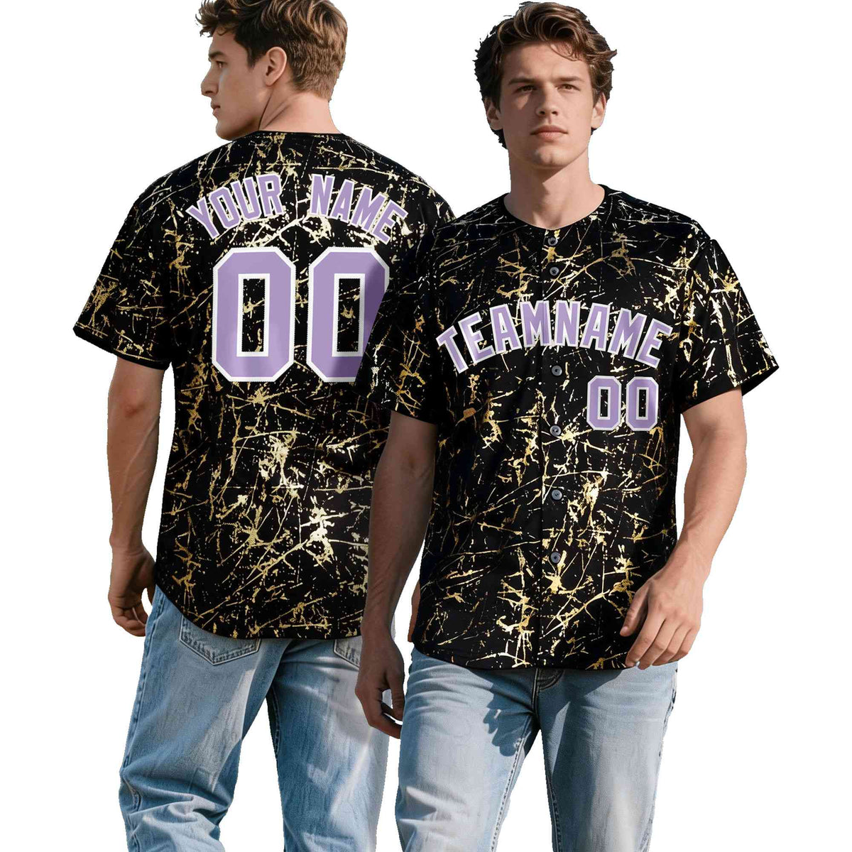 Custom Black Light Purple Metallic Gold Splatter Breathable&amp;Wrinkle-Resistant Baseball Jersey