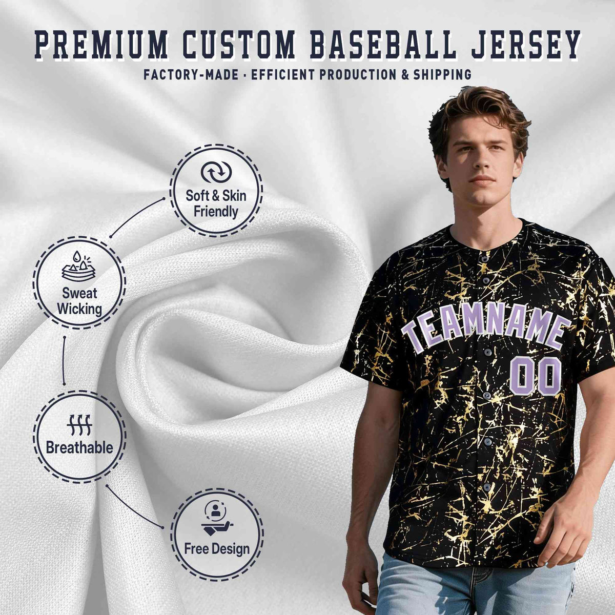 Custom Black Light Purple Metallic Gold Splatter Breathable&amp;Wrinkle-Resistant Baseball Jersey