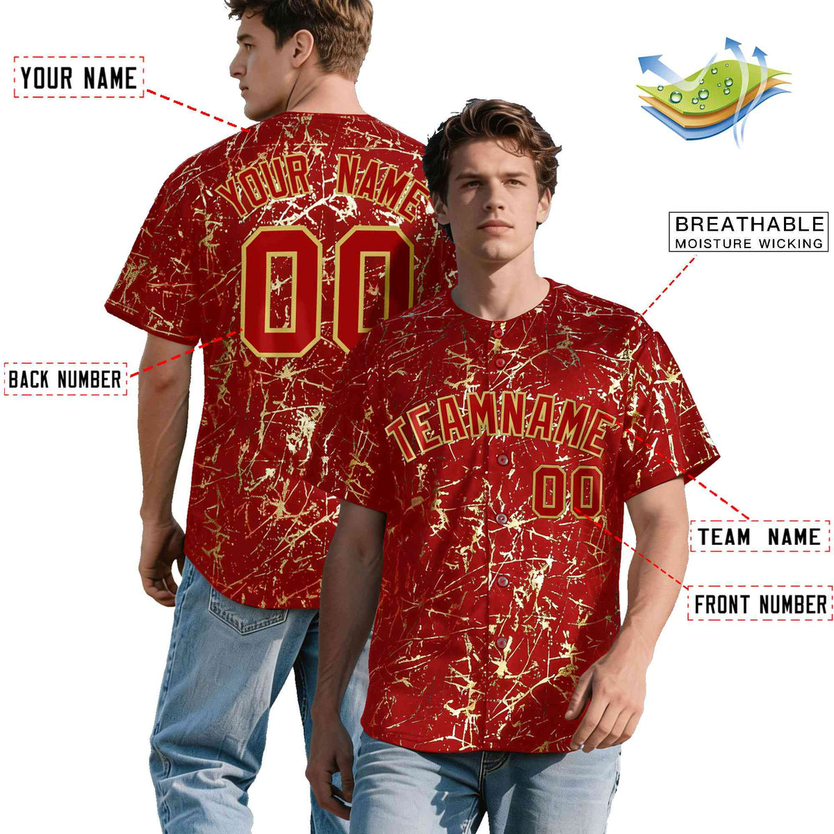 Custom Red Old Gold Metallic Gold Splatter Breathable&amp;Wrinkle-Resistant Baseball Jersey
