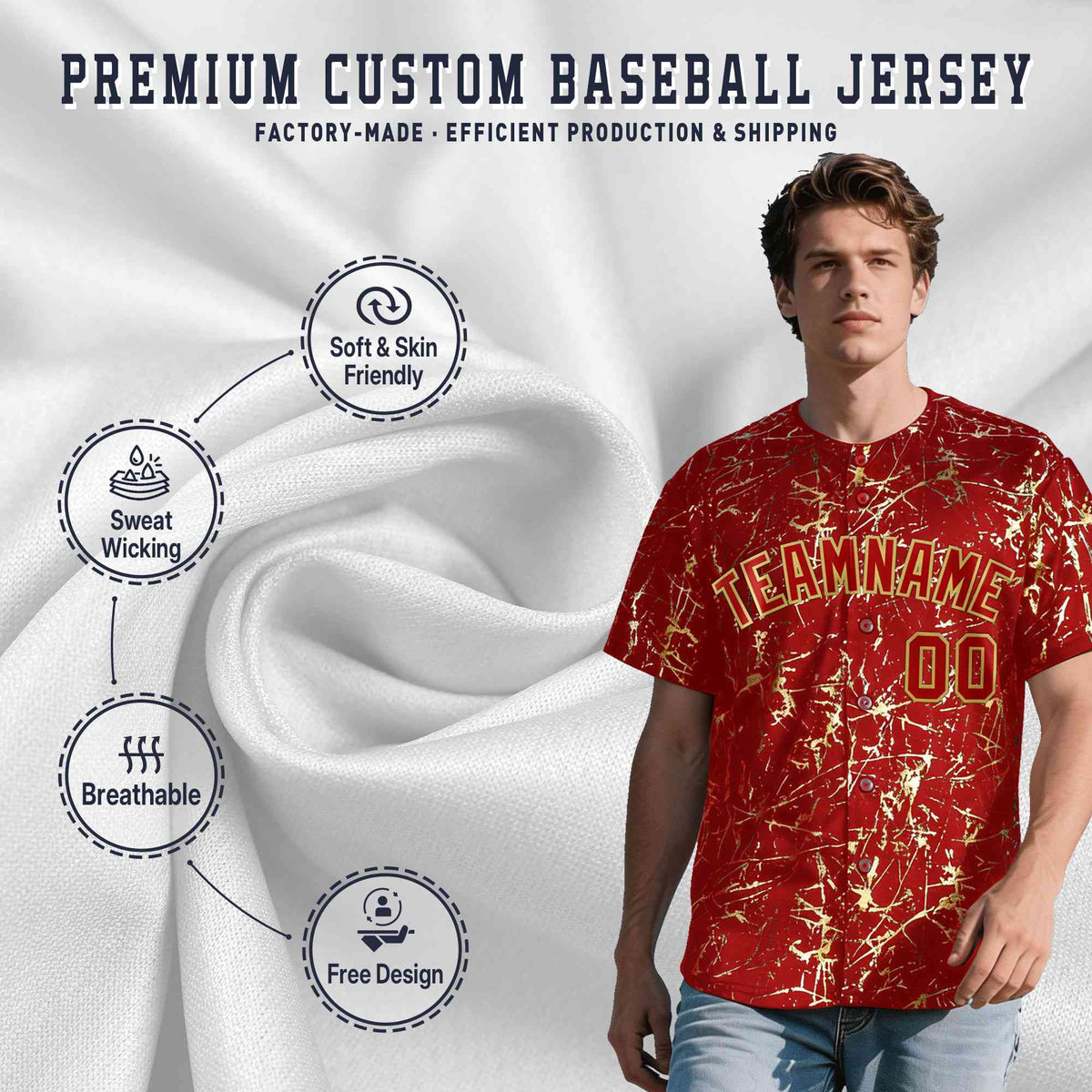 Custom Red Old Gold Metallic Gold Splatter Breathable&amp;Wrinkle-Resistant Baseball Jersey