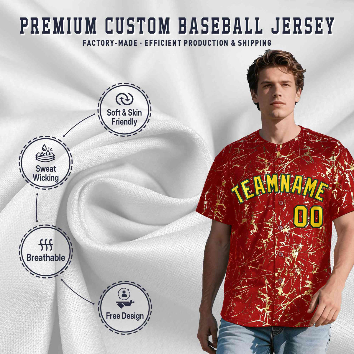Custom Red Gold Black&amp;Shiny Gold Cracked Foil Breathable Mesh Streetwear Baseball Jersey