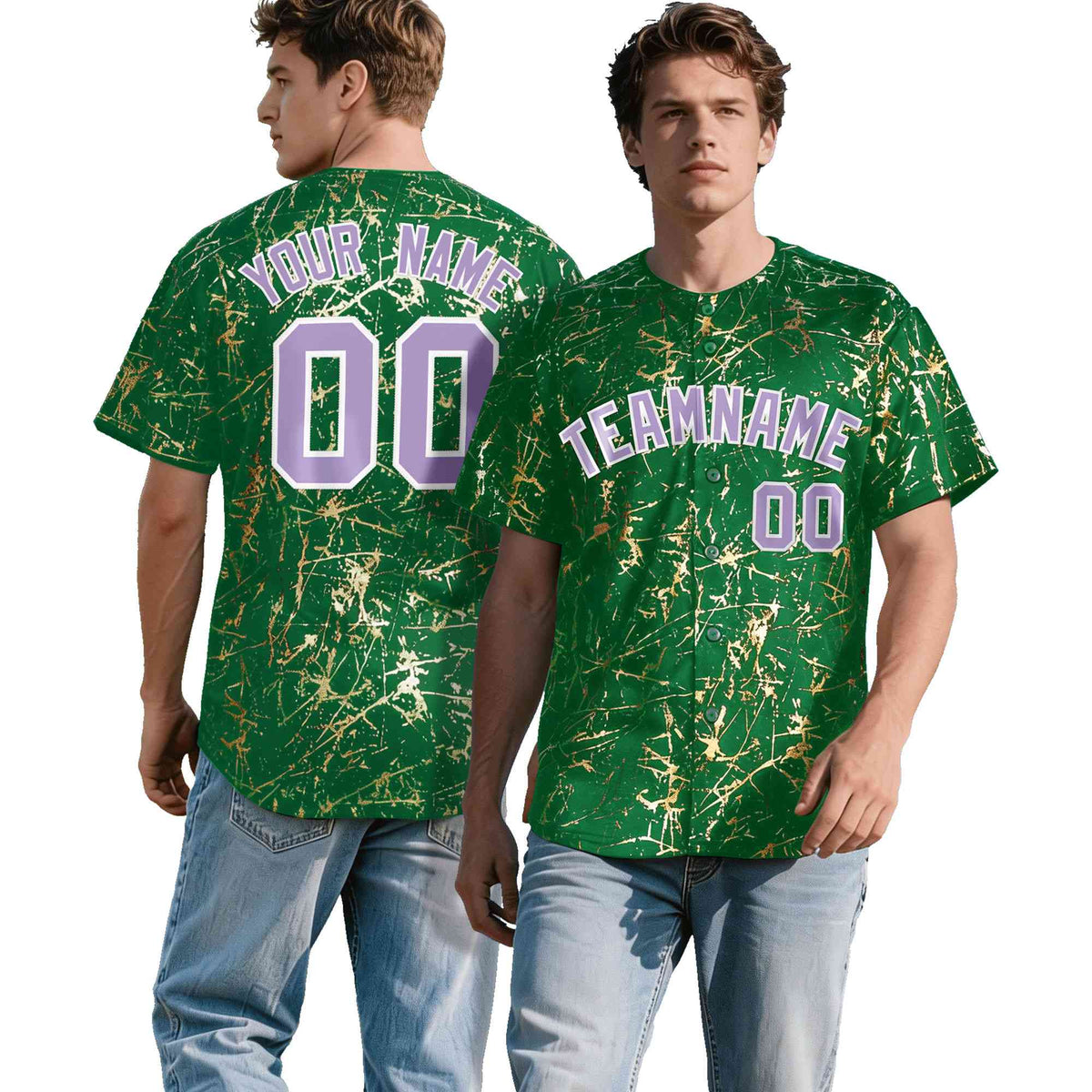 Custom Kelly Green Light Purple Metallic Gold Splatter Urban Streetwear Baseball Jersey