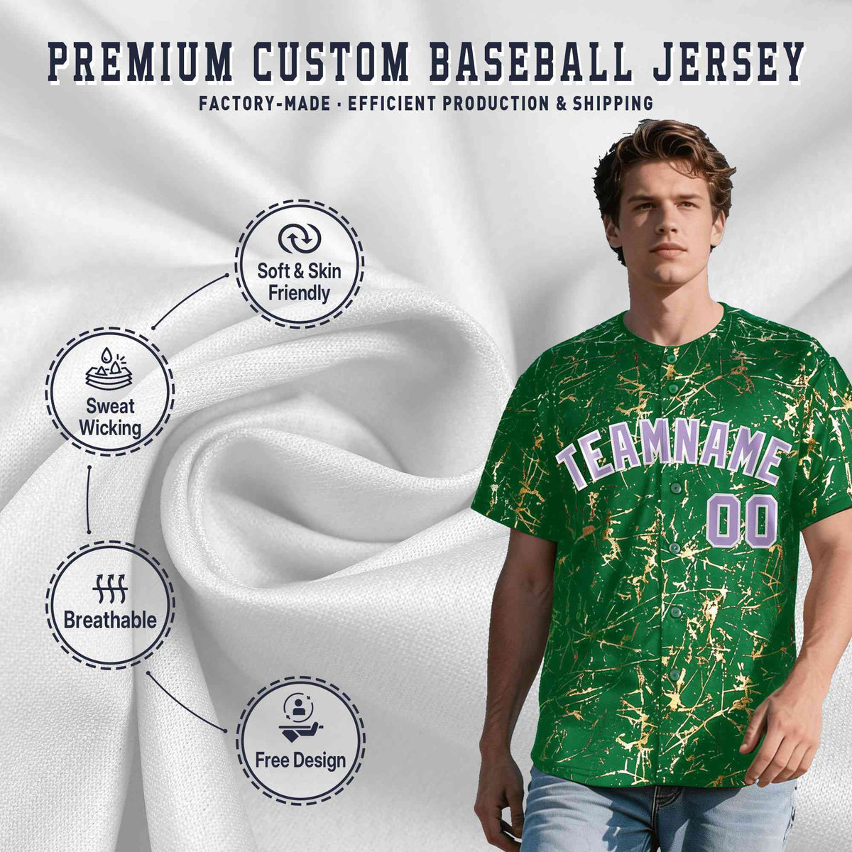 Custom Kelly Green Light Purple Metallic Gold Splatter Urban Streetwear Baseball Jersey