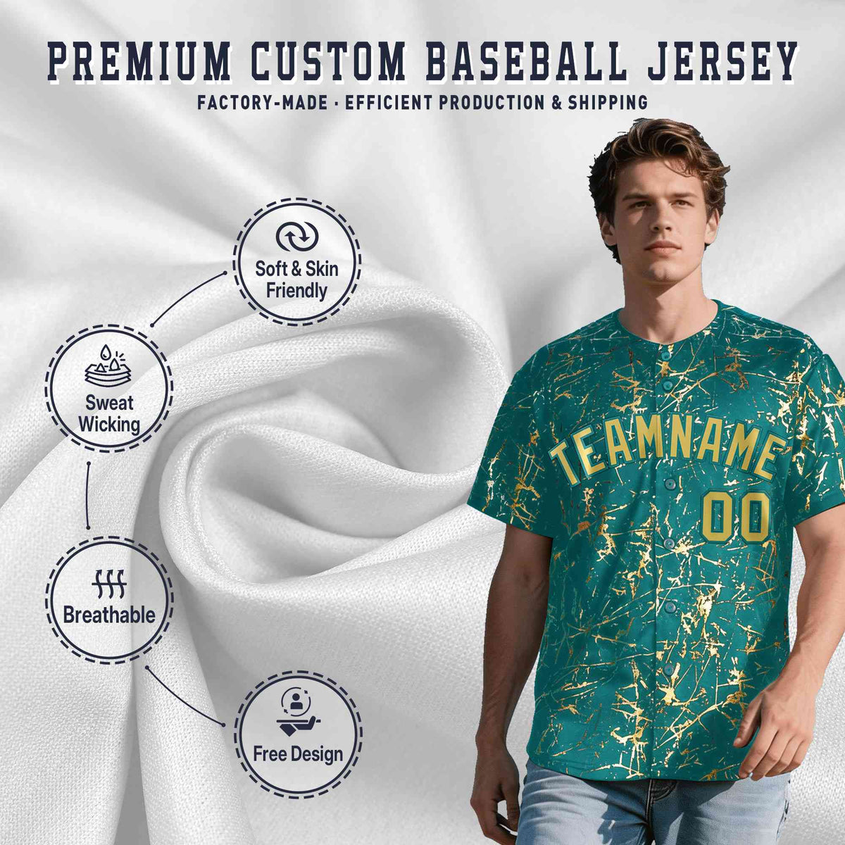 Custom Teal Old Gold Black&amp;Shiny Gold Cracked Foil Hip Hop Button Down Baseball Jersey