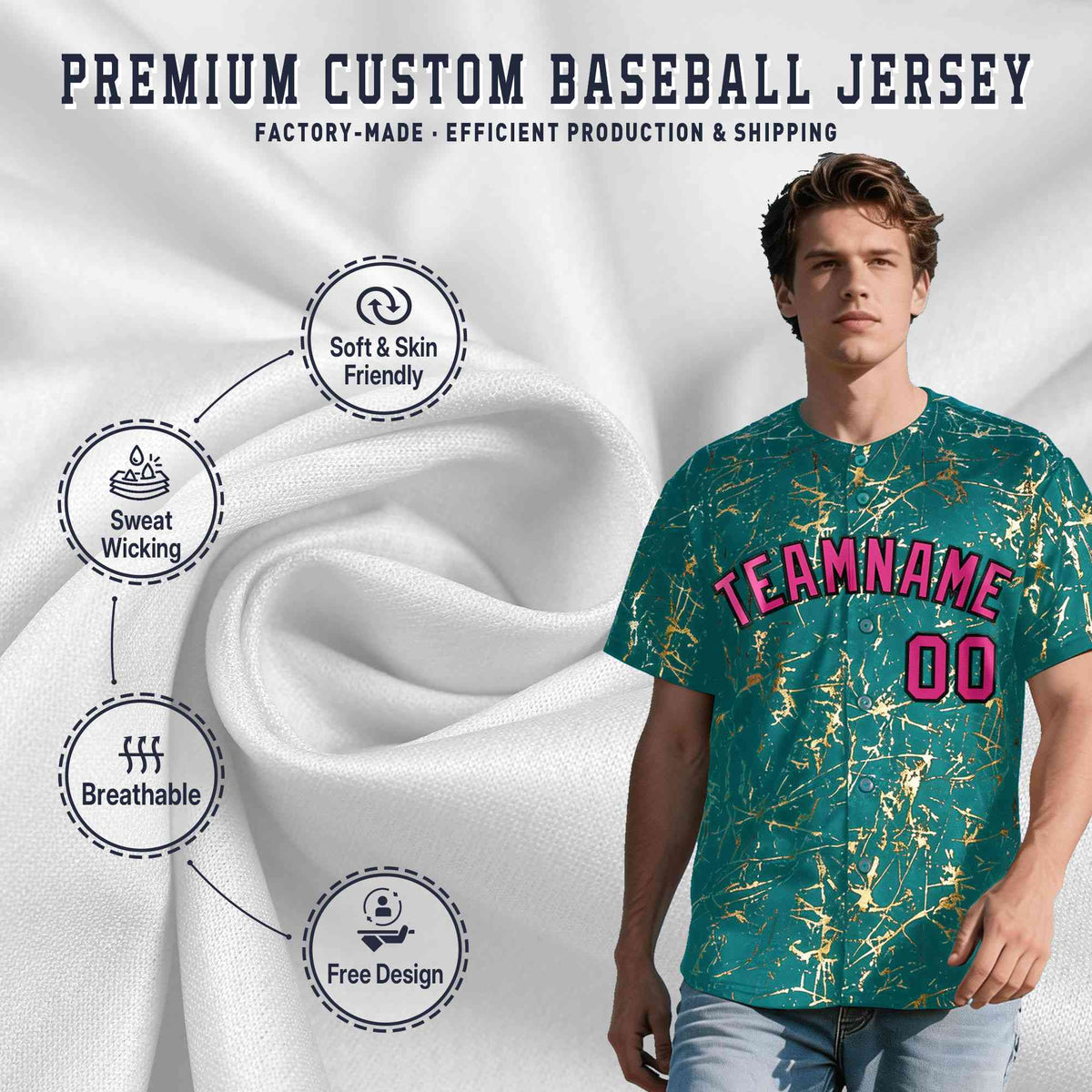 Custom Teal Rose Red Black&amp;Gold Marble Print Clubwear Party Streetwear Baseball Jersey