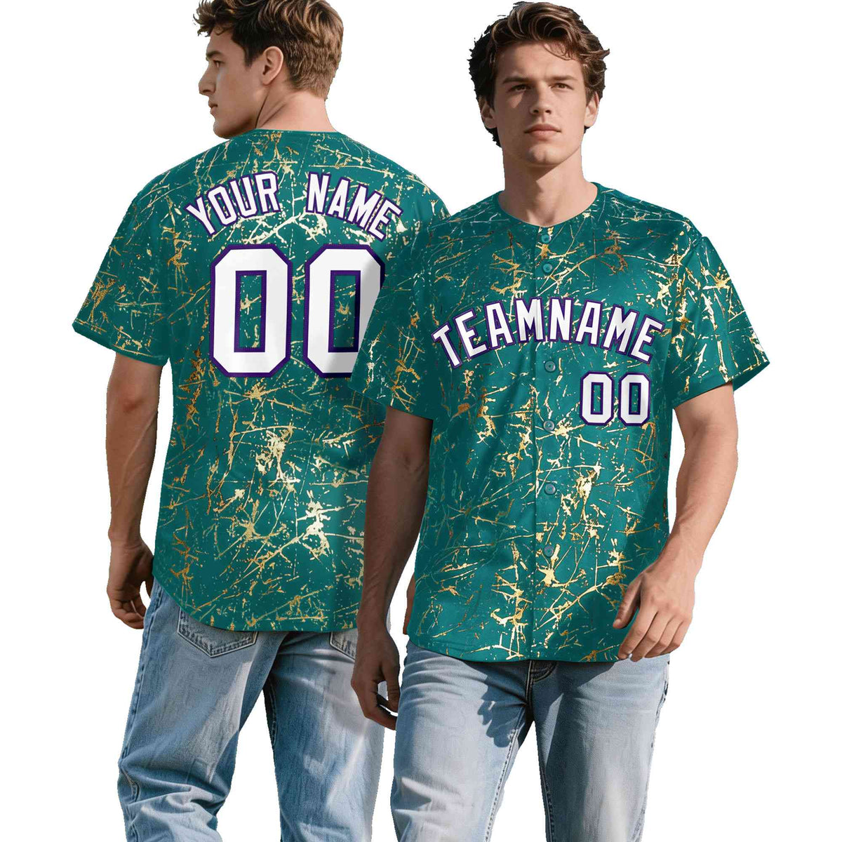 Custom Teal White Black&amp;Shiny Gold Cracked Foil Breathable Mesh Streetwear Baseball Jersey